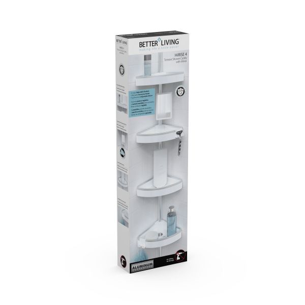 Better Living Hirise 4 Tension Shower Caddy with Mirror - White