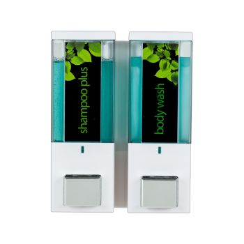 IQON Lockable 2 x 375ml Shower Dispenser 2 - White with Transparent Chambers and Chrome Buttons