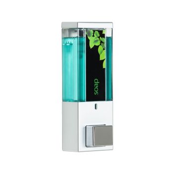 IQON Lockable Soap and Sanitiser Dispenser 1 - Satin Silver with Transparent Chamber, Chrome Button