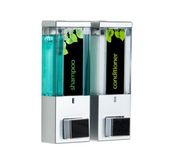 IQON Lockable 2 x 375ml Shower Dispenser 2 - Satin Silver with Transparent Chamber, Chrome Button