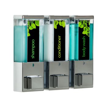 IQON Lockable 3 x 375ml Shower Dispenser 3 - Chrome with Transparent Chamber, Chrome Button