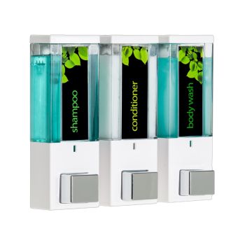 IQON Lockable 3 x 375ml Shower Dispenser 3 - White with Transparent Chamber, Chrome Button